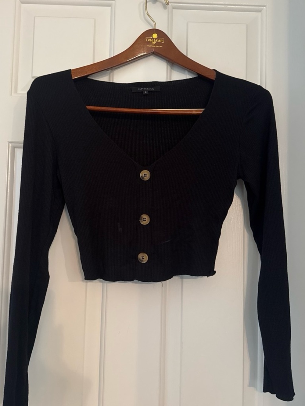 Olivaceous Black Ribbed V-Neck Button-Front Crop Sweater